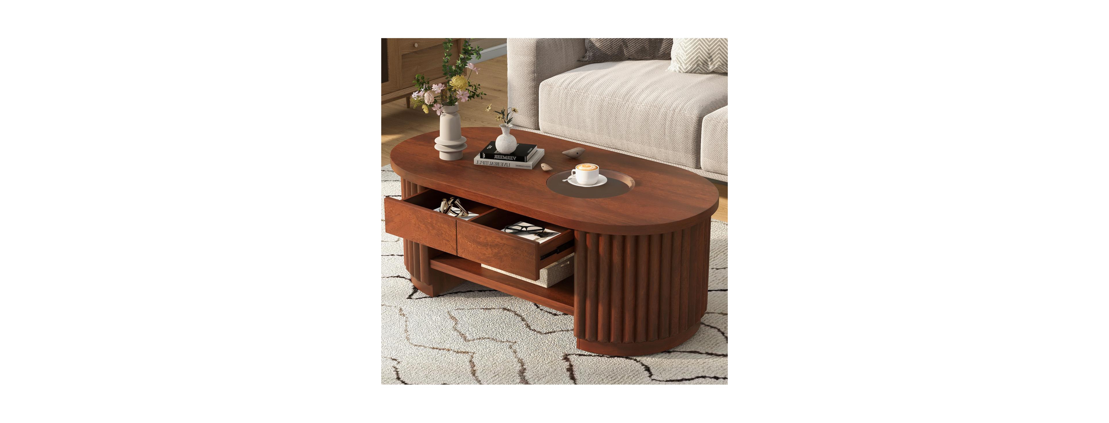Streamdale Furniture Fluted Oval Coffee Table with Drawers and Glass Top