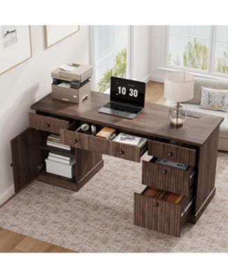 60" Fluted Home Office Desk with Charging Station – Modern Executive Desk with File Cabinet and Drawers for Study, Living Room and Bedroom