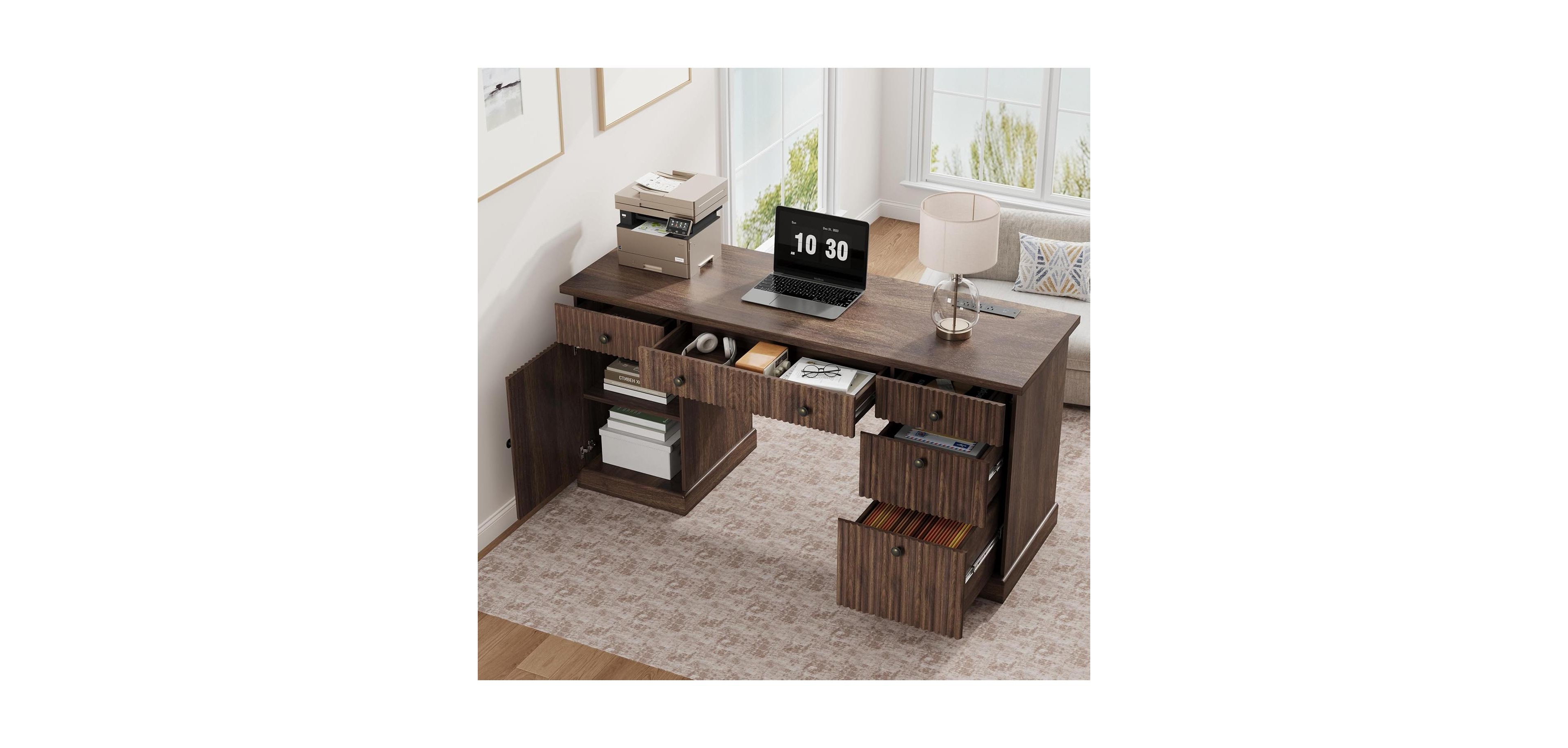 homfan 60" Fluted Home Office Desk with Charging Station – Modern Executive File Cabinet and Drawers for Study, Living Room Bedroom
