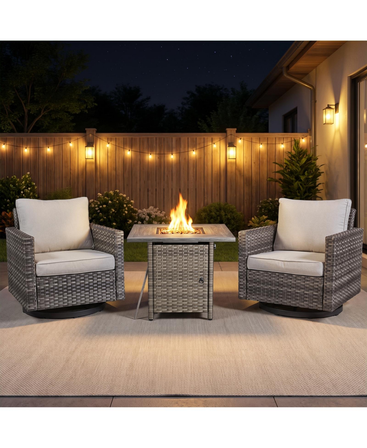 Pocassy Outdoor Furniture with Fire Pit - Patio Table and Chairs Set of 4 Swivel for Deck Porch Garden