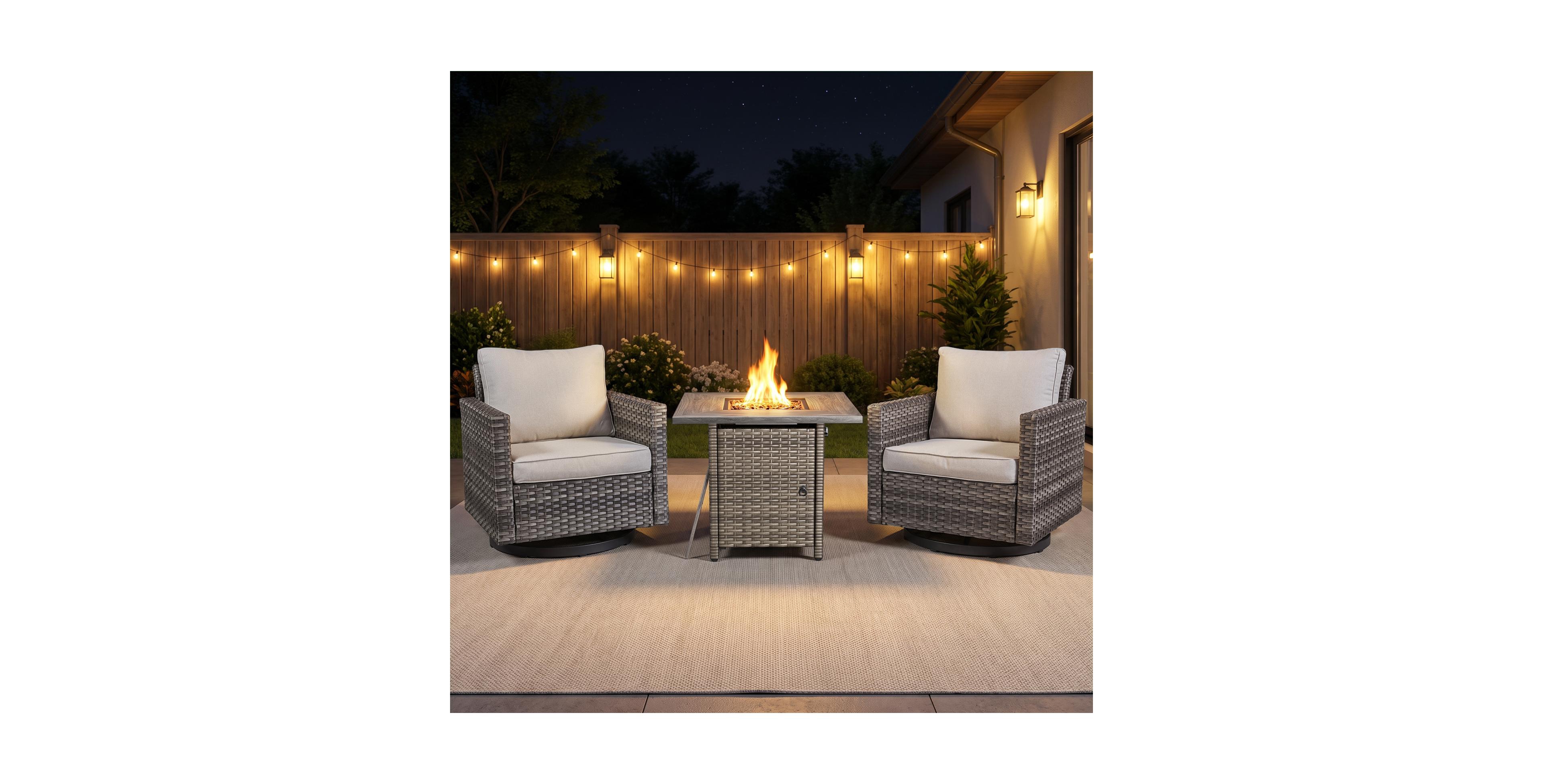Pocassy Outdoor Furniture with Fire Pit - Patio Table and Chairs Set of 4 Swivel for Deck Porch Garden