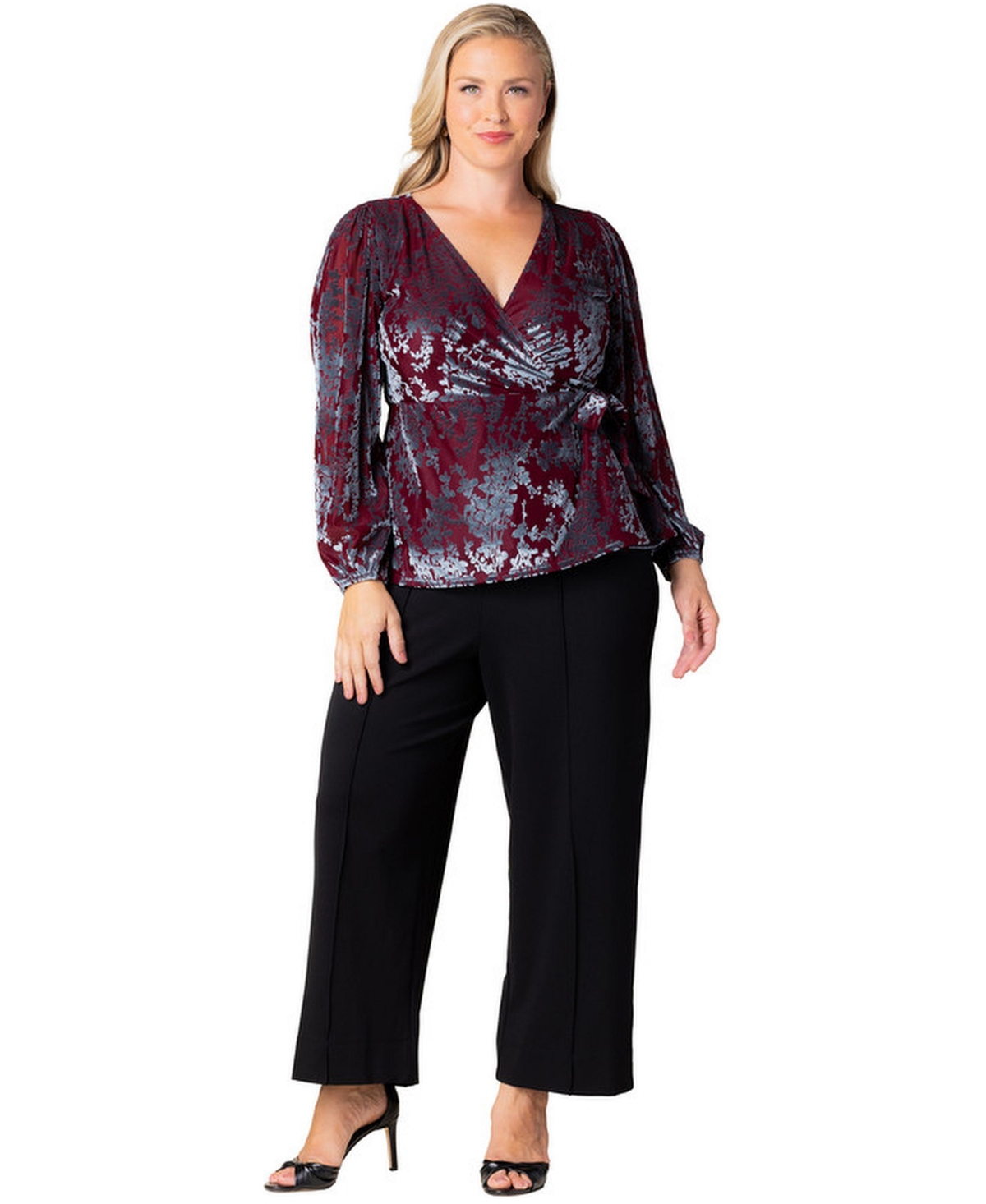 Kiyonna Plus Loretta Long-Sleeve Floral Peplum Wrap Top