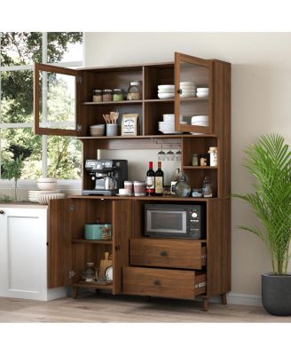 Modern Kitchen Buffet Hutch with Glass Doors and Storage