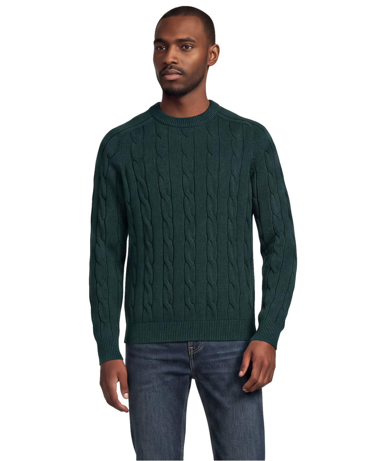 Мужской свитер Lands' End Long Sleeve Drifter Cable Crewneck, цвет: Зелёный — фото 1