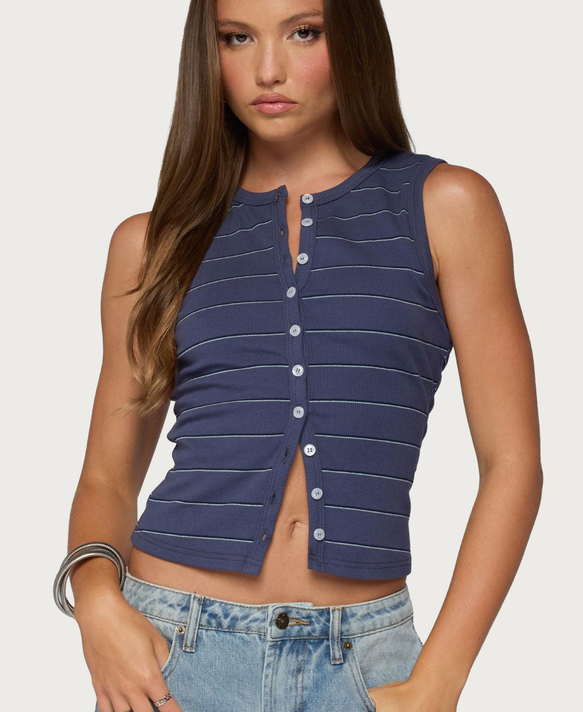 Edikted Women's Brynne Striped Button Up Top - Navy-and-white