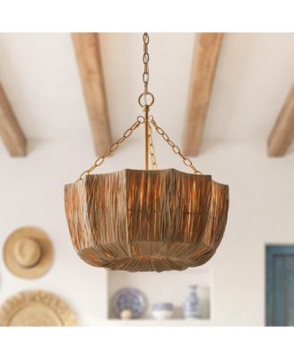 5-Light Boho Brown Hand-Woven Raffia Drum Hanging Basket Dining Room Chandelier Ceiling Light