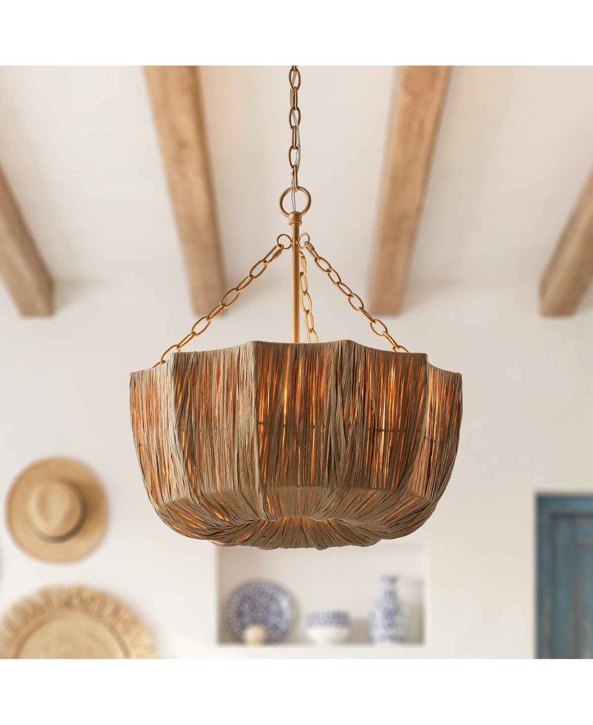 Parrot Uncle 5-Light Boho Brown Hand-Woven Raffia Drum Hanging Basket Dining Room Chandelier Ceiling Light