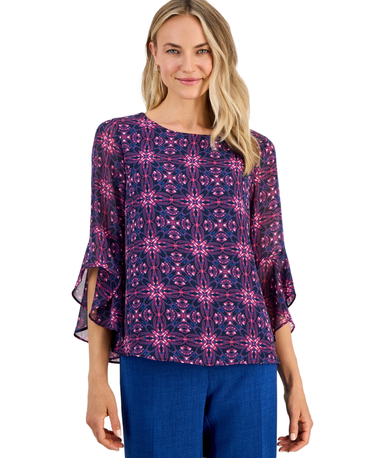 Kasper Women's Printed Boat-Neck Ruffle-Sleeve Blouse