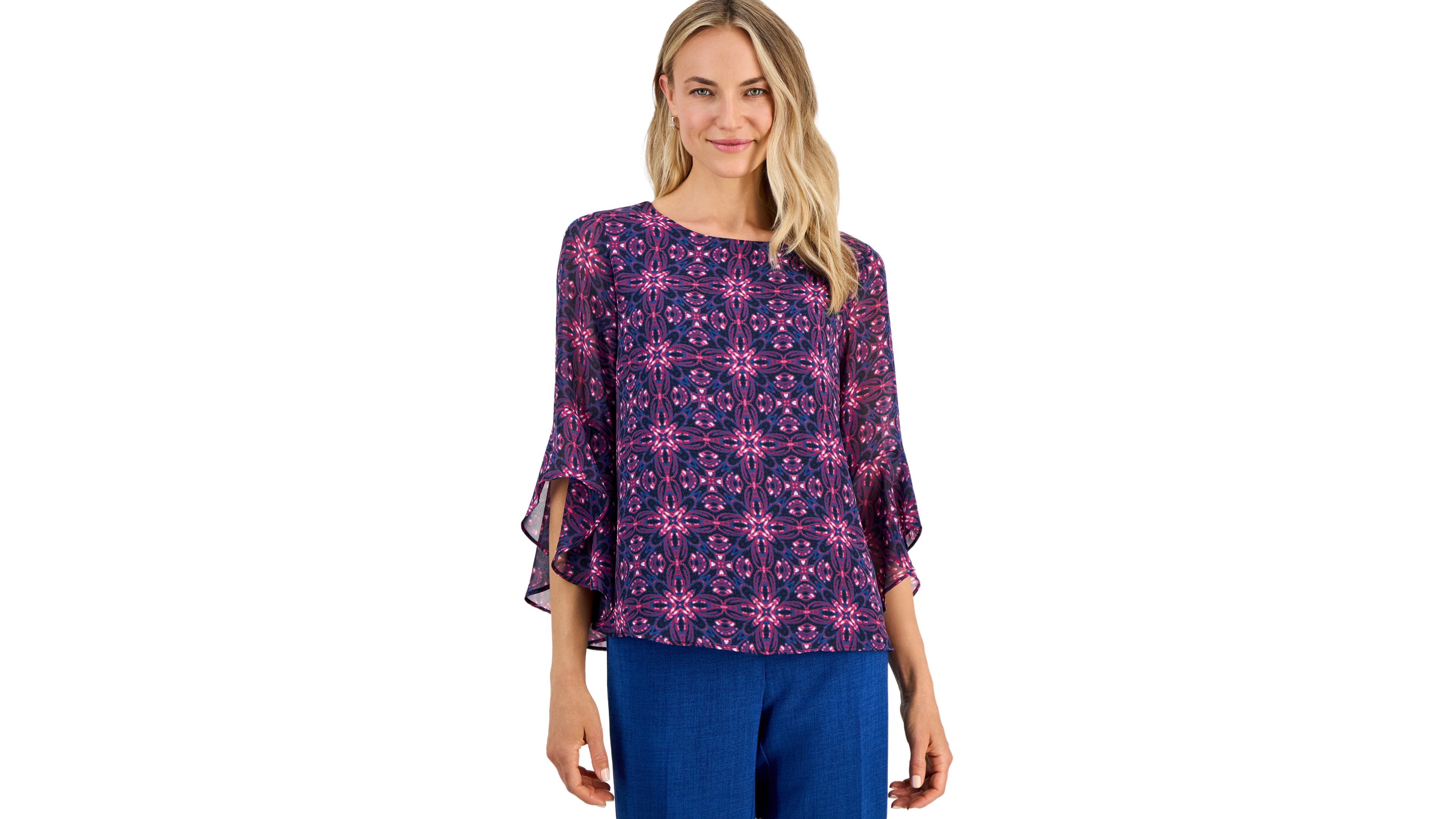 Kasper Women's Printed Boat-Neck Ruffle-Sleeve Blouse