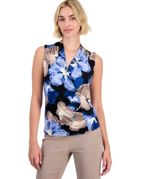 Женский топ Anne Klein Surplice-Neck Sleeveless Top, цвет: Чёрный / Синий