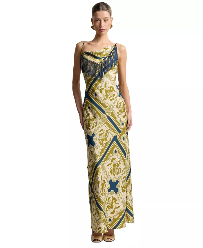 Women's Cowl Neck Scarf Print Maxi Dress