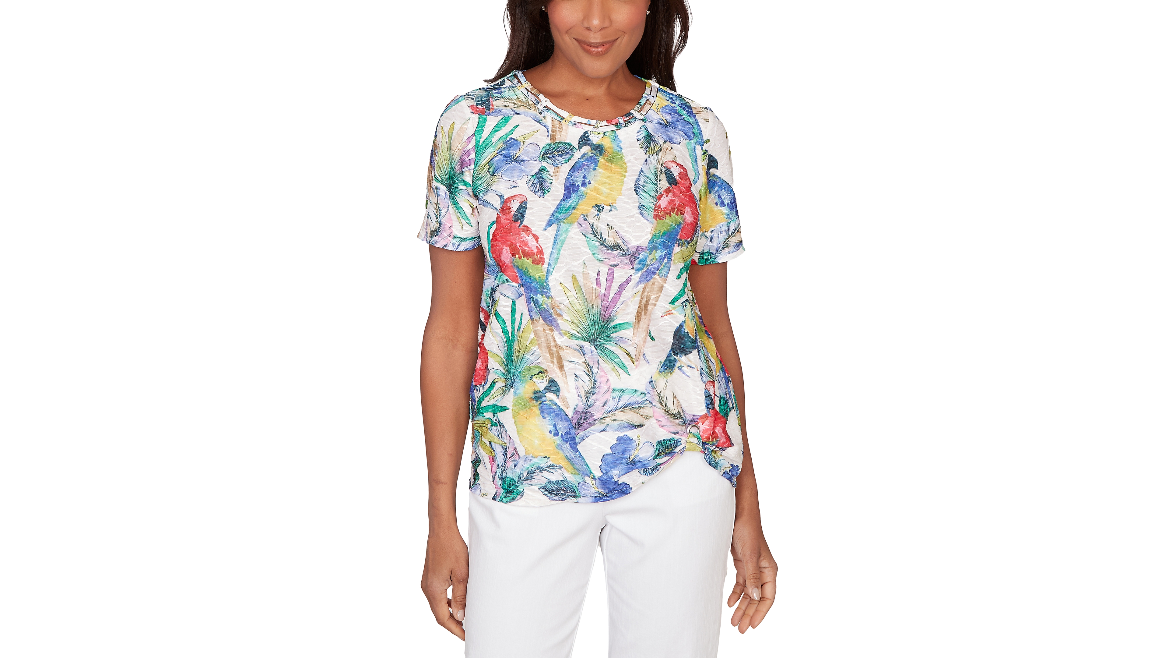 Alfred Dunner Petite Parrot Tropical Beaded Neck Top