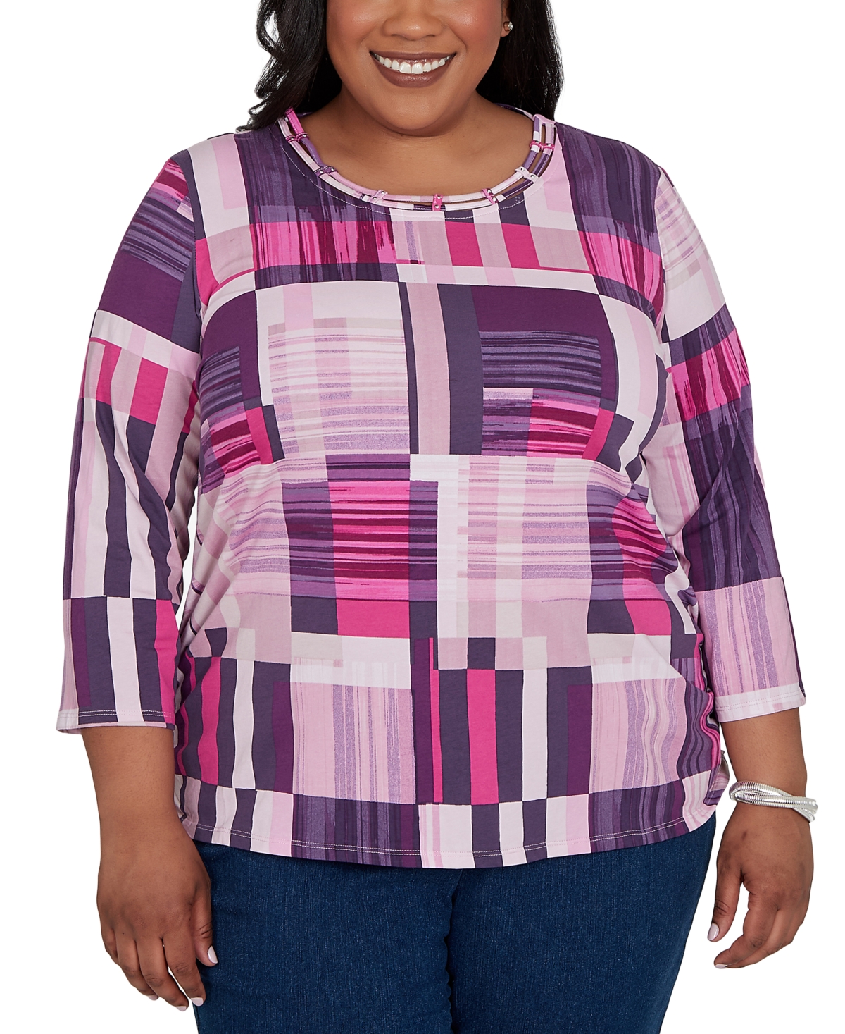 Alfred Dunner Plus Purple Bars Ruched Sides Top