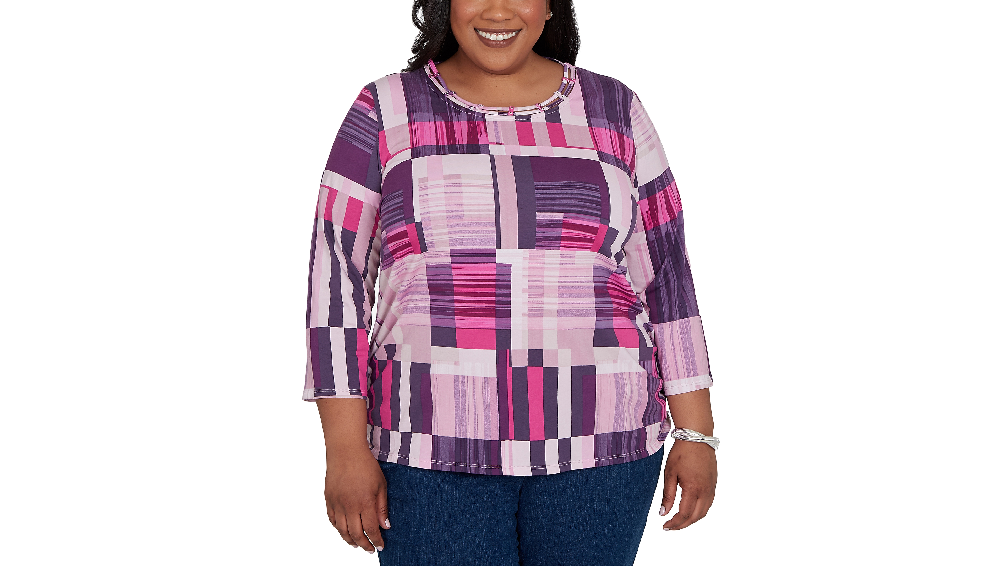 Alfred Dunner Plus Purple Bars Ruched Sides Top