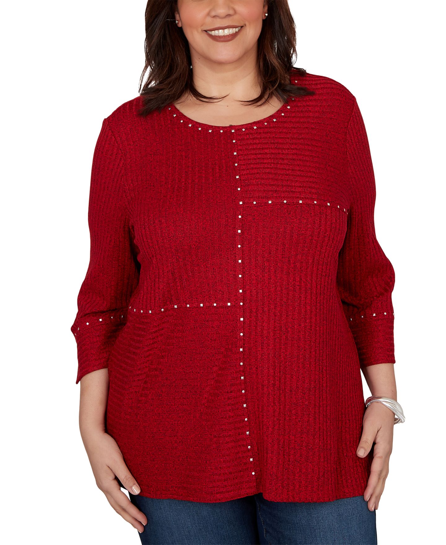 Женский топ Alfred Dunner Plus Size Spliced Texture Metallic Studded Top, цвет: Чёрный — фото 7