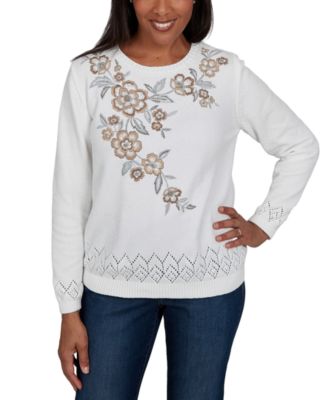 Petite Embroidered Floral Textured Chenille Sweater