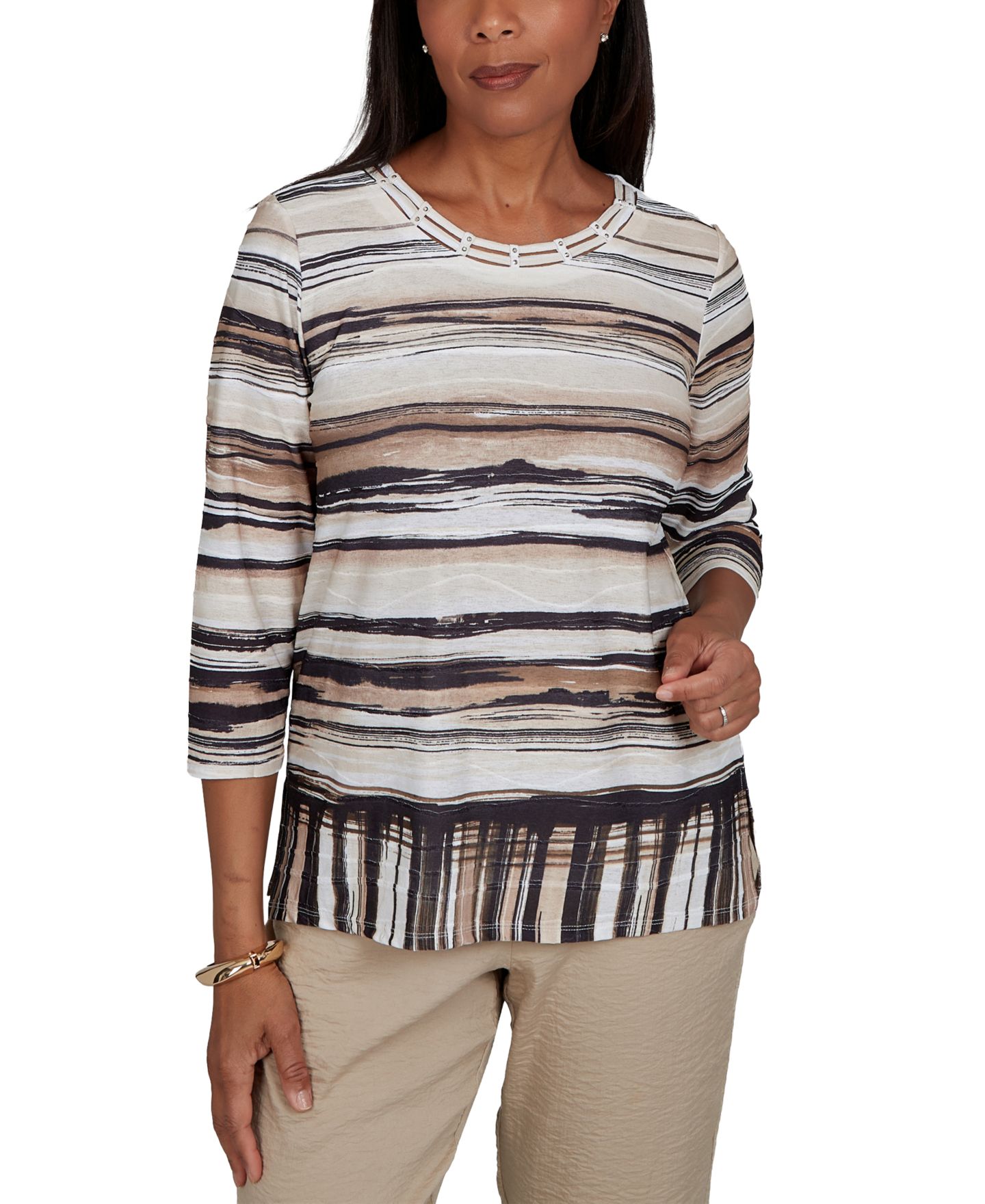 Женский топ Alfred Dunner Petite Travel Advisory Scratched Stripes 3/4-Sleeve Striped Knit, цвет: Нейтральный разноцветный — фото 3