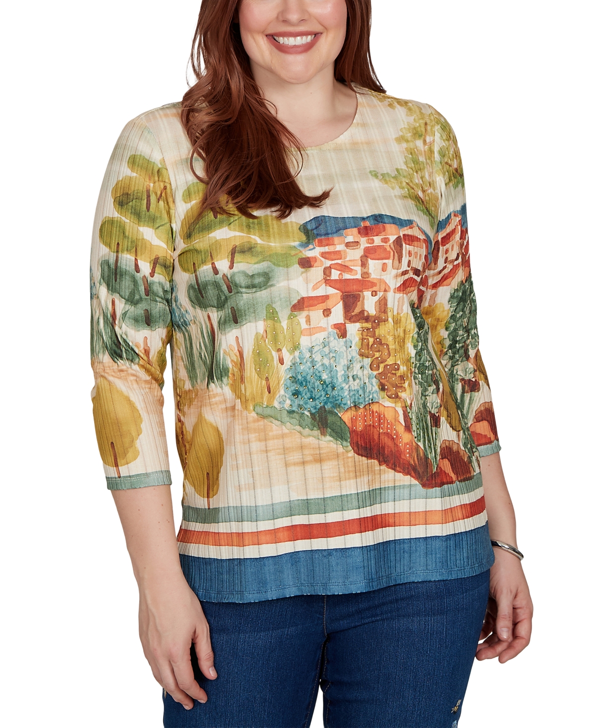 Alfred Dunner Women's Knit Crew Neck 3/4-Sleeve Top