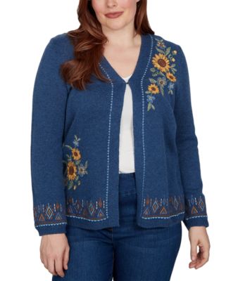 Petite V-Neck Long-Sleeve Floral Embroidery Cotton-Blend Cardigan