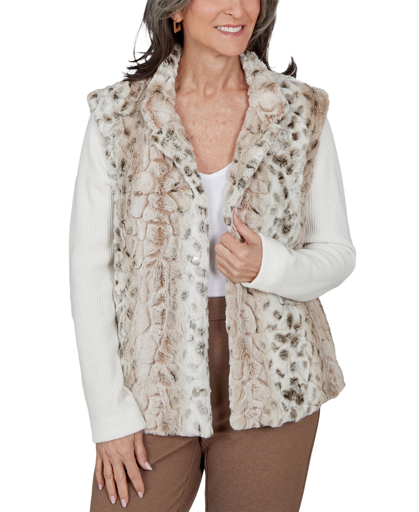 Женская куртка Alfred Dunner Petite Animal-Print Mandarin-Collar Teddy, цвет: Кремовый — фото 1