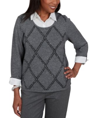 Petite Scoop Neck 3/4-Sleeve Embellished Pullover Sweater