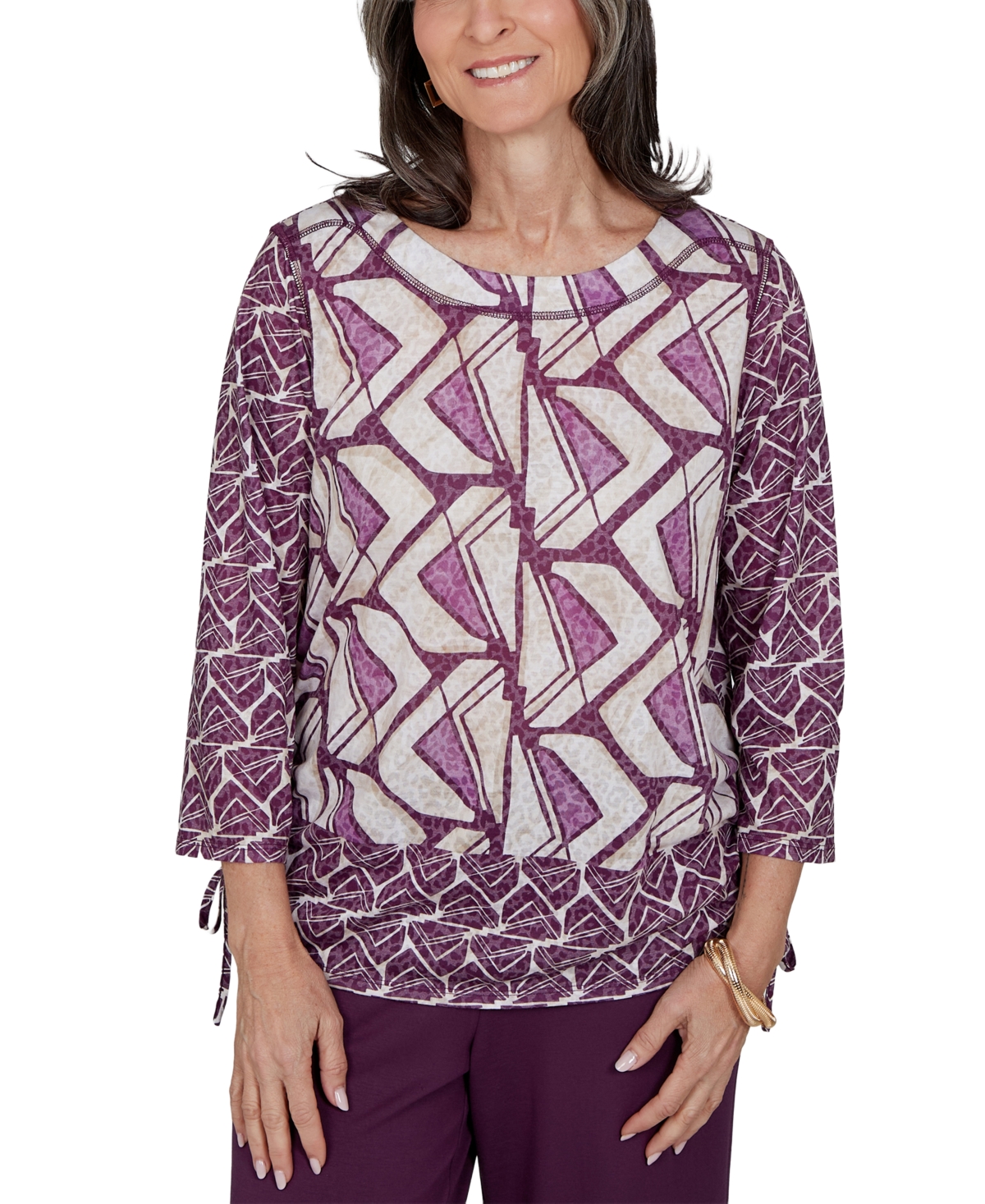 Alfred Dunner Women's Boat Neck Geometric-Print 3/4-Sleeve Blouse