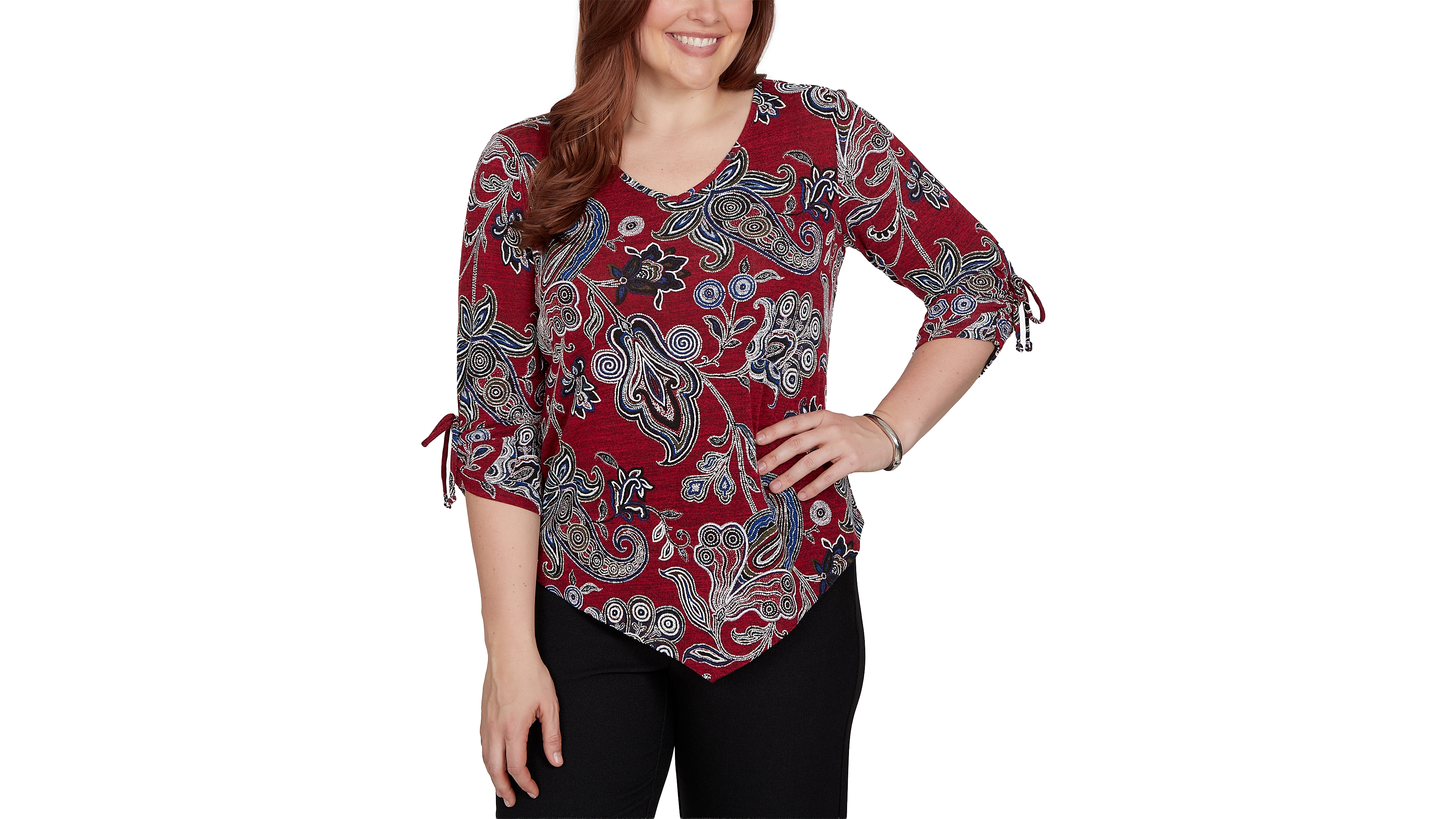 Alfred Dunner Women's Knit Paisley V-Neck 3/4-Sleeve Top
