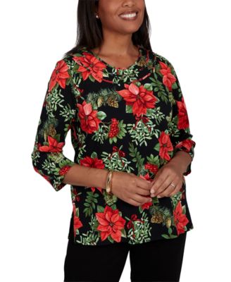 Petite Floral-Print 3/4-Sleeve Blouse
