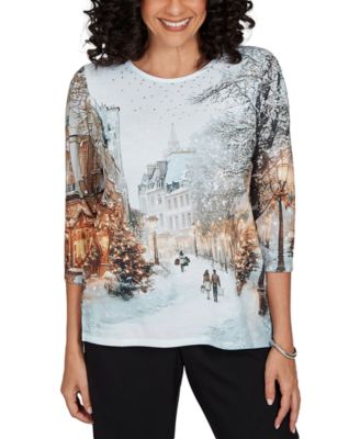 Petite Classic Christmas In The City Holiday Embellished Print Knit Top
