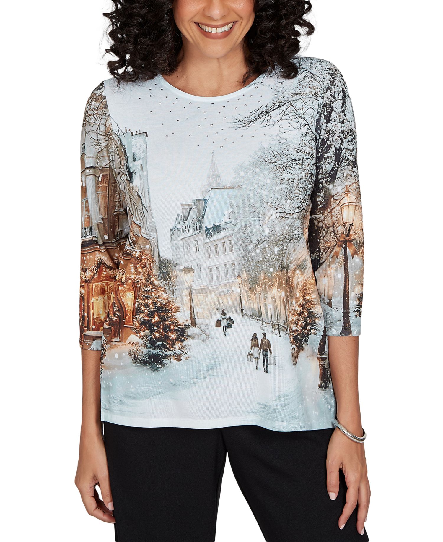 Petite Classic Christmas In The City Holiday Embellished Print Knit Top