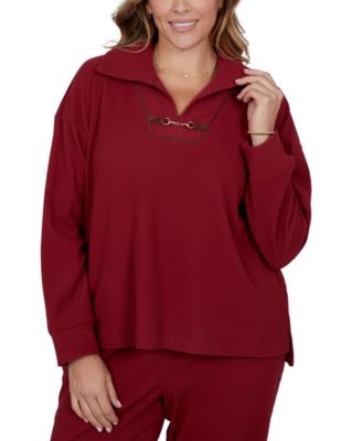 Plus Size Collared Long-Sleeve Ribbed Top