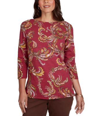 Petite Paisley-Print Boat Neck 3/4-Sleeve Top
