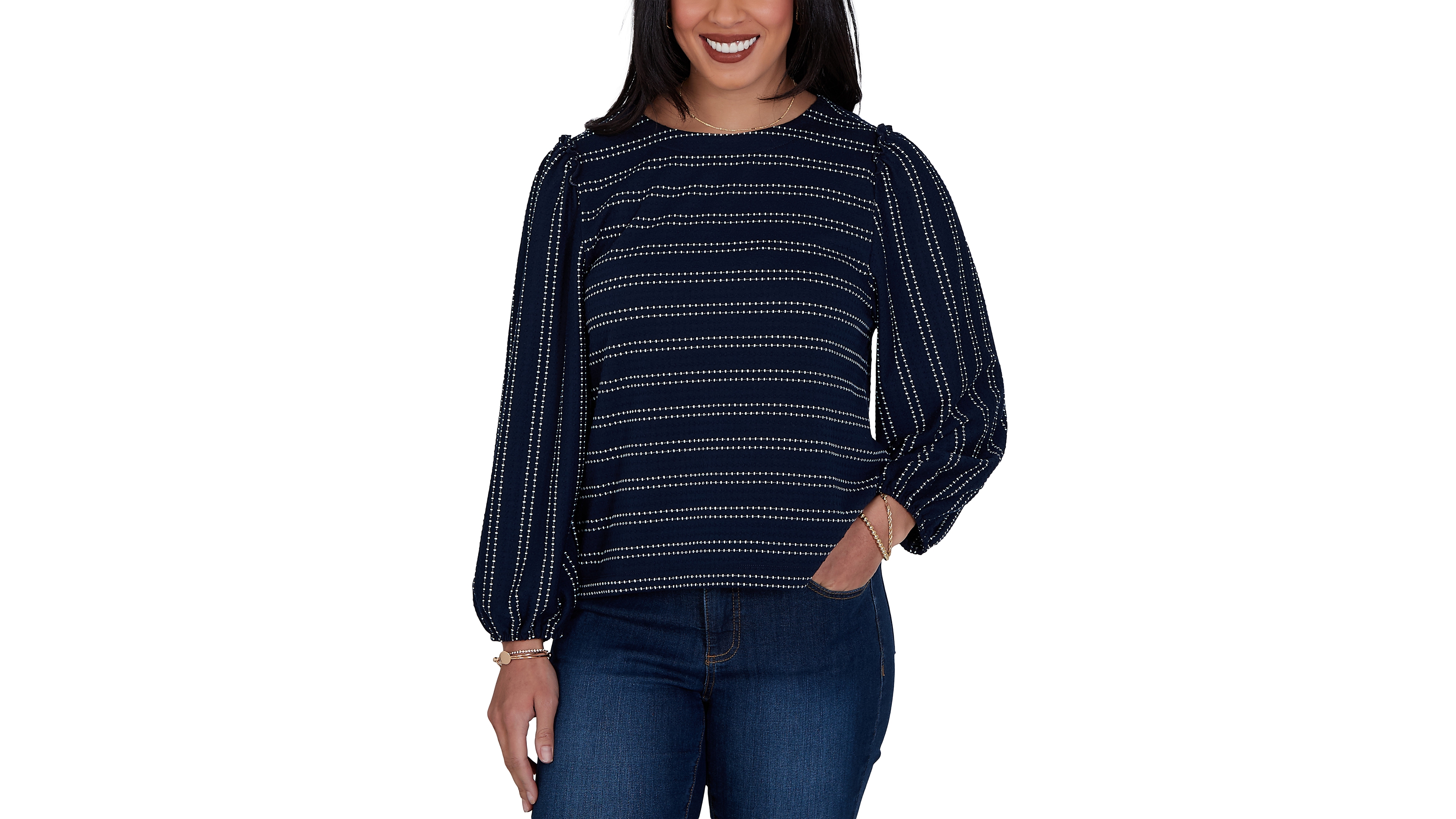 Ruby Rd. Petite Long-Sleeve Dobby-Stripe Crewneck Blouse