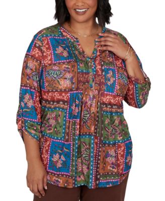 Plus Size Tapestry Floral 3/4-Sleeve Blouse