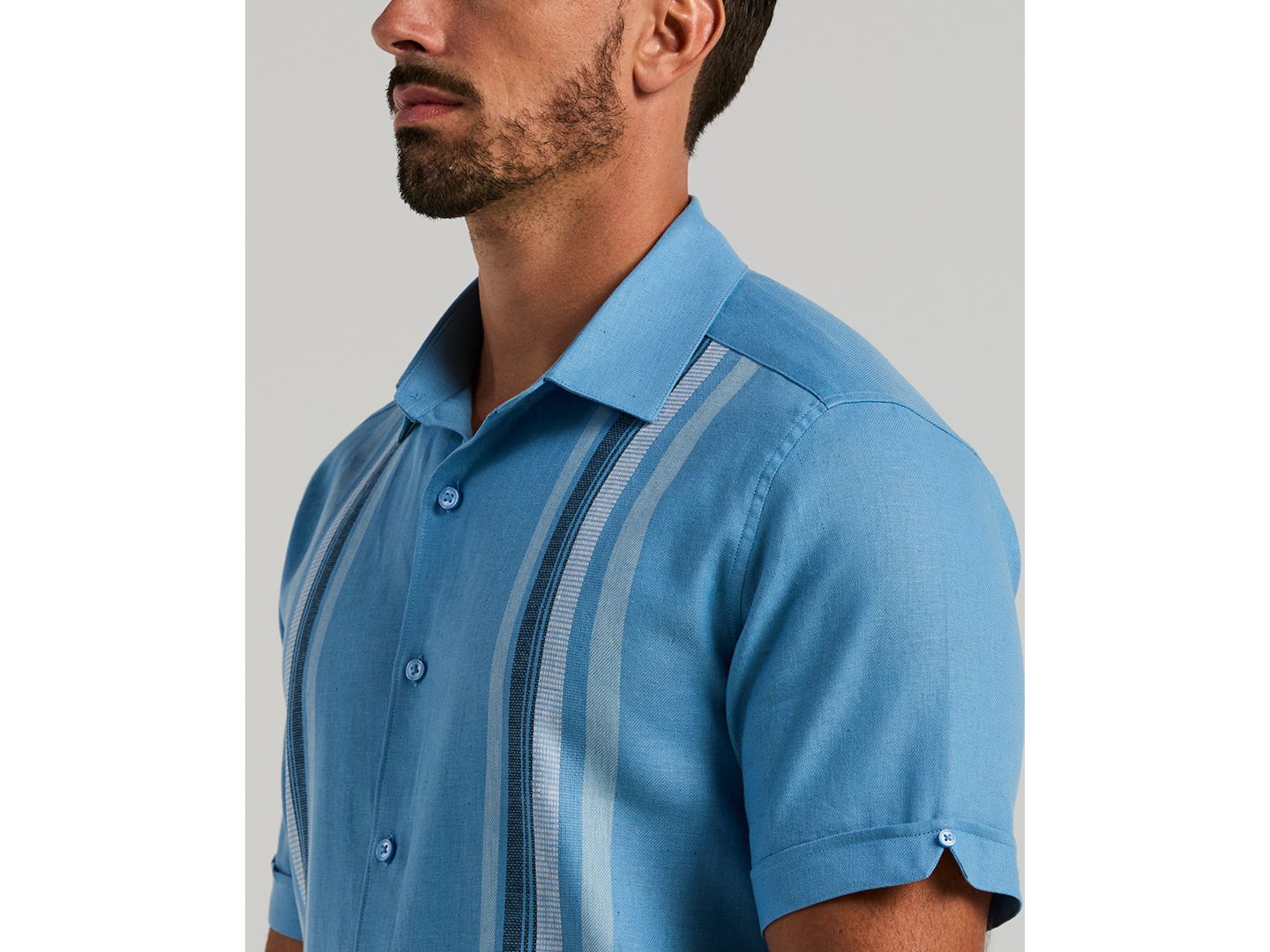 Мужская рубашка Cubavera Vertical Panel Dobby Linen-Blend Short-Sleeve Button-Down, цвет: Синий, вариант 1 — фото 3