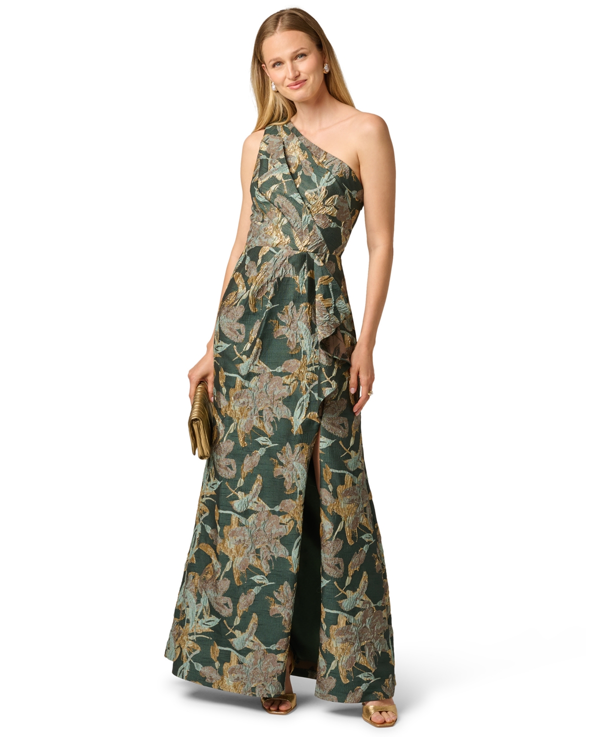 Adrianna Papell Petite Floral-Jacquard One-Shoulder Gown