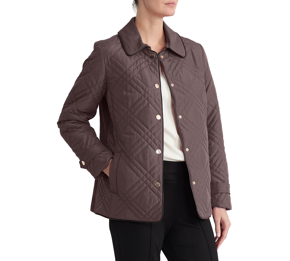 Jones New York Women's Triple-Diamond-Quilted Faux-Leather-Piping Jacket