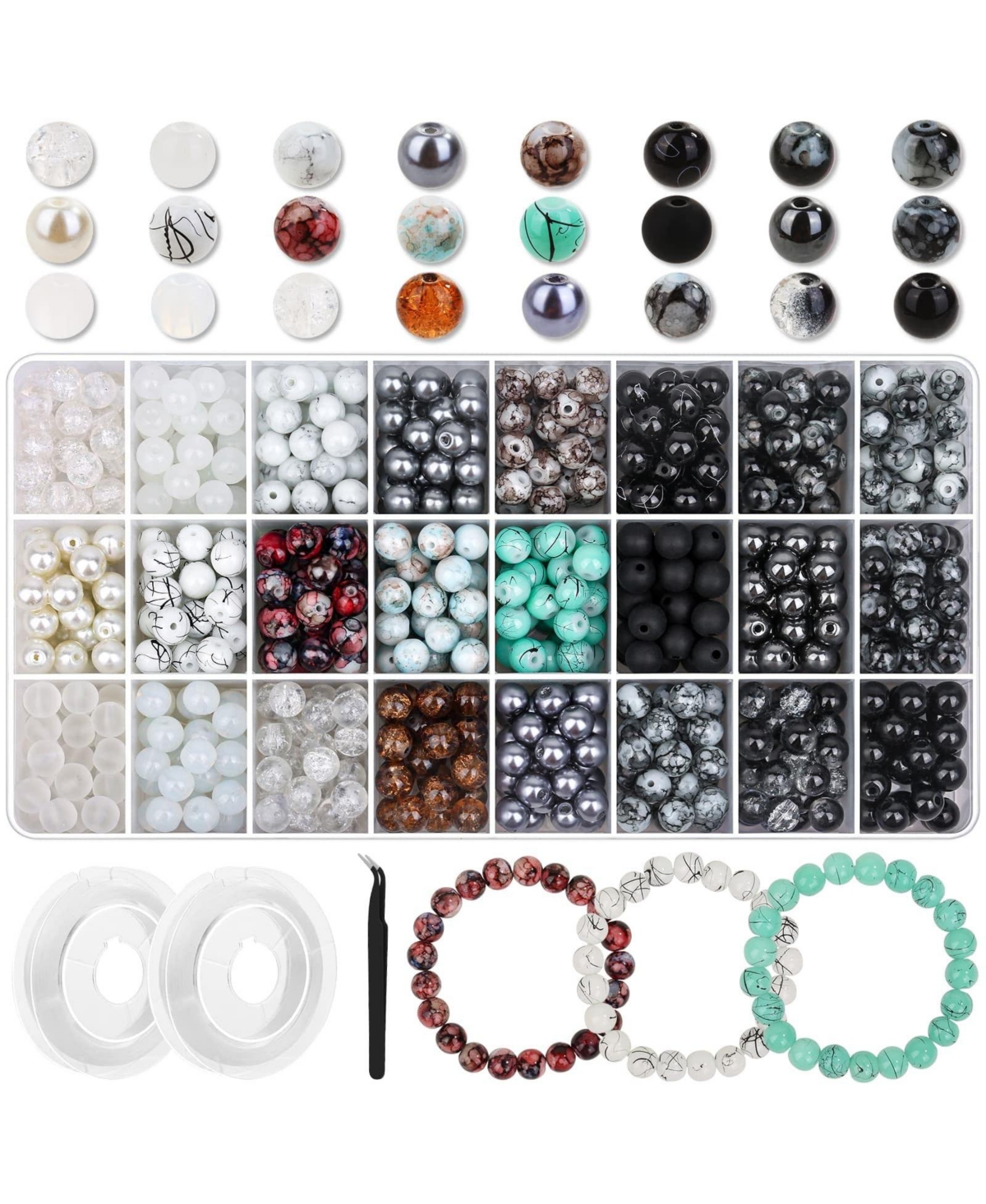 Aeelike 24 Colors 8mm Glass Bead Jewelry Making Kit with Elastic Cord