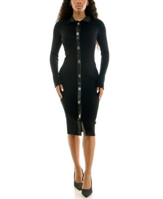 Juniors' Faux Leather Polo Collar Ribbed-Knit Body-Con Midi Dress
