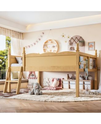  Full Size Wood Low Loft Bed with Book Shelf and Ladder