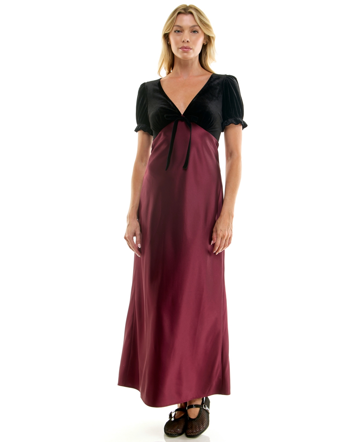 Beauty & Grace Juniors' V-Neck A-Line Velvet Midi Dress