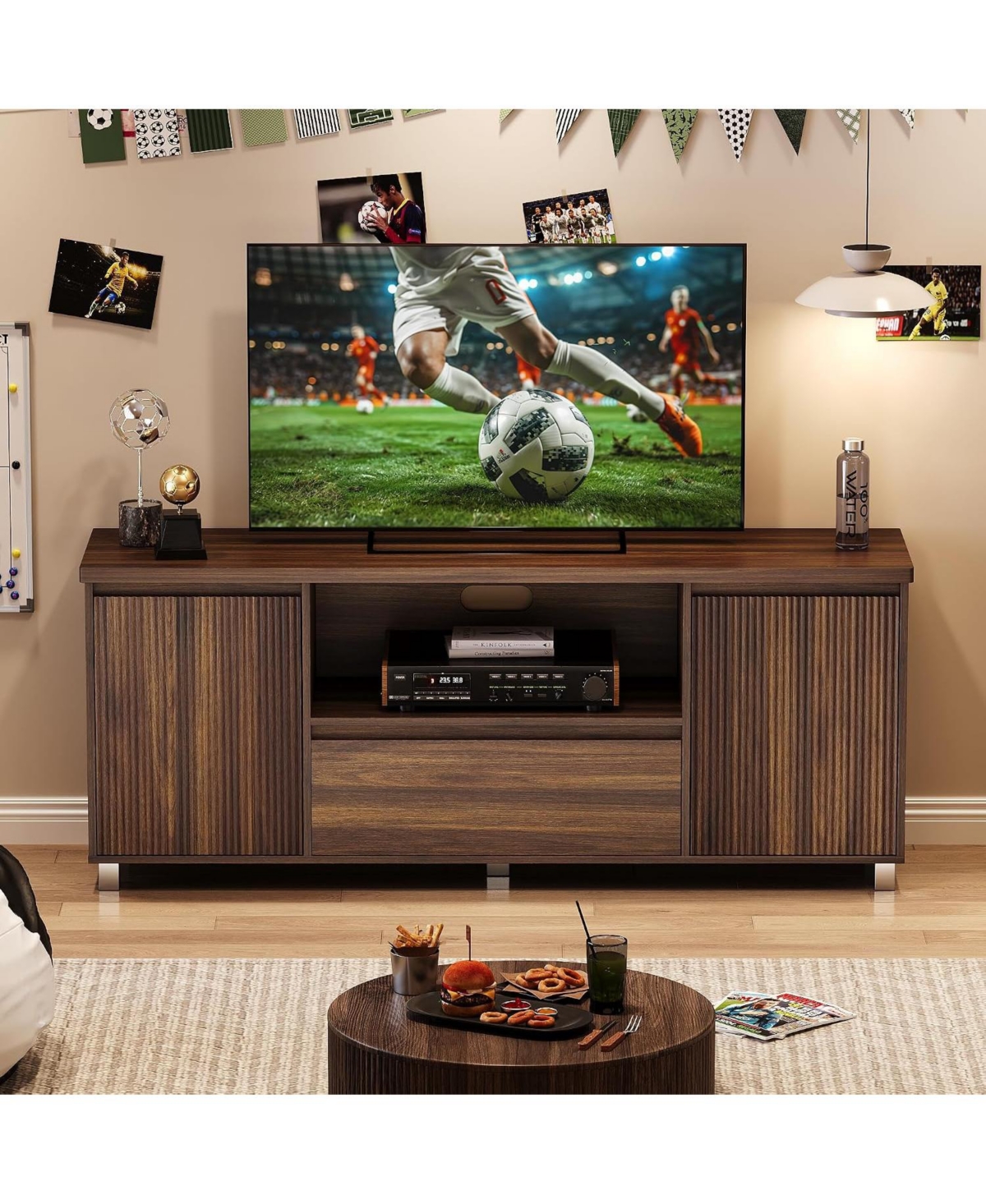 homfan 63" Fluted Tv Stand for TVs Up to 70" - Open Storage and Cable Management, Modern Media Console for Living Room