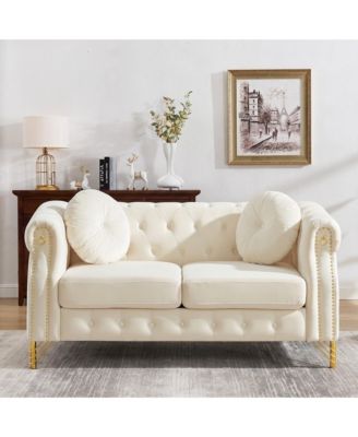 60.5Inch Velvet Chesterfield Loveseat, 2-Seater Tufted Sofa with Nailhead Trim, Gold Metal Legs and 2 Round Pillows for Living Room