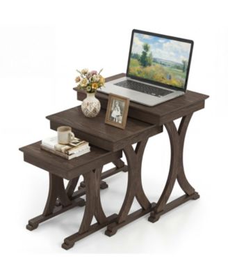 3 Pieces Nesting Coffee Table Side Table with Solid Rubber Wood Legs