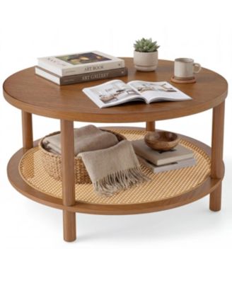 2 Tier Boho Round Rattan Coffee Table with Storage Shelf