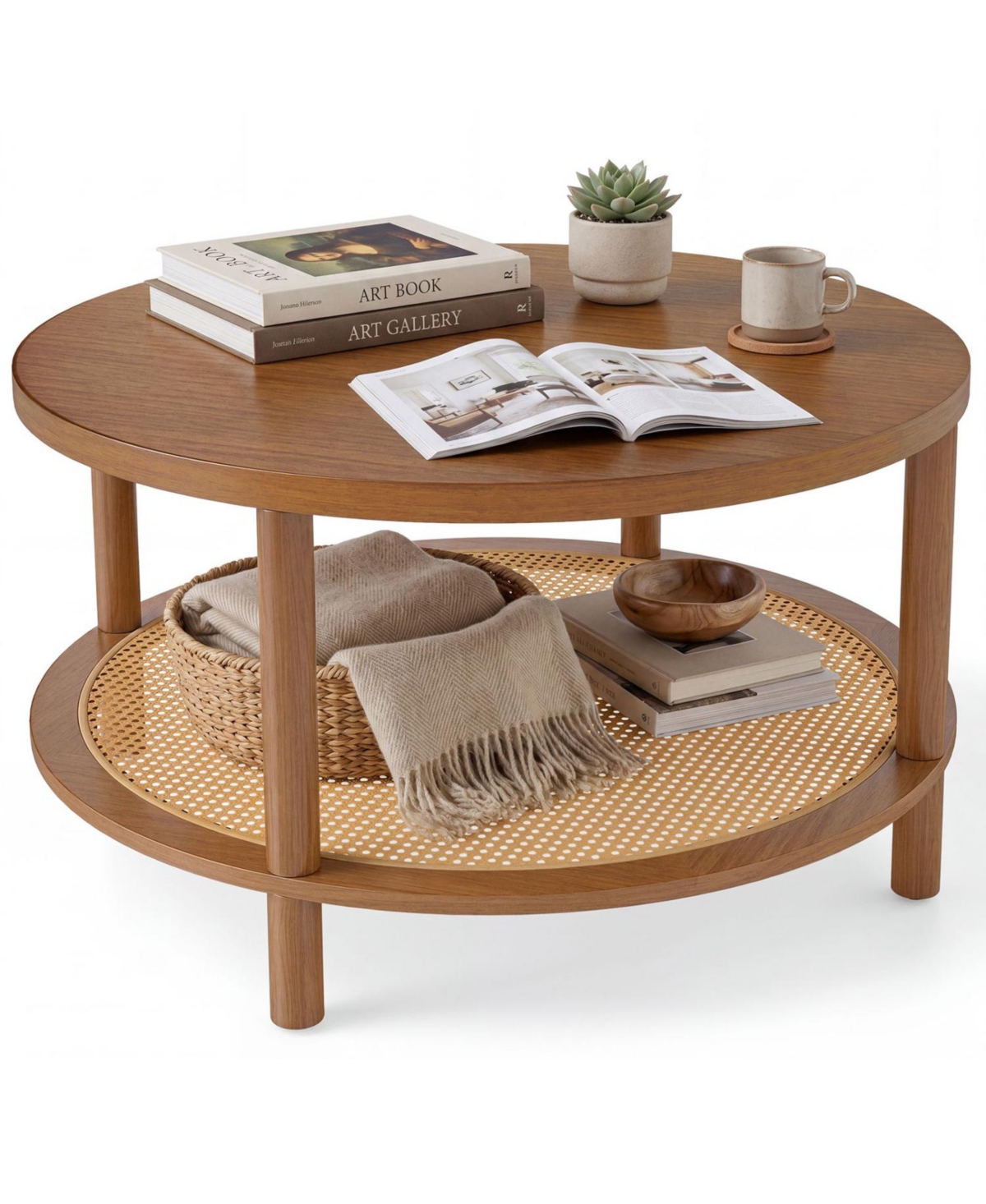Mecale 2 Tier Boho Round Rattan Coffee Table with Storage Shelf