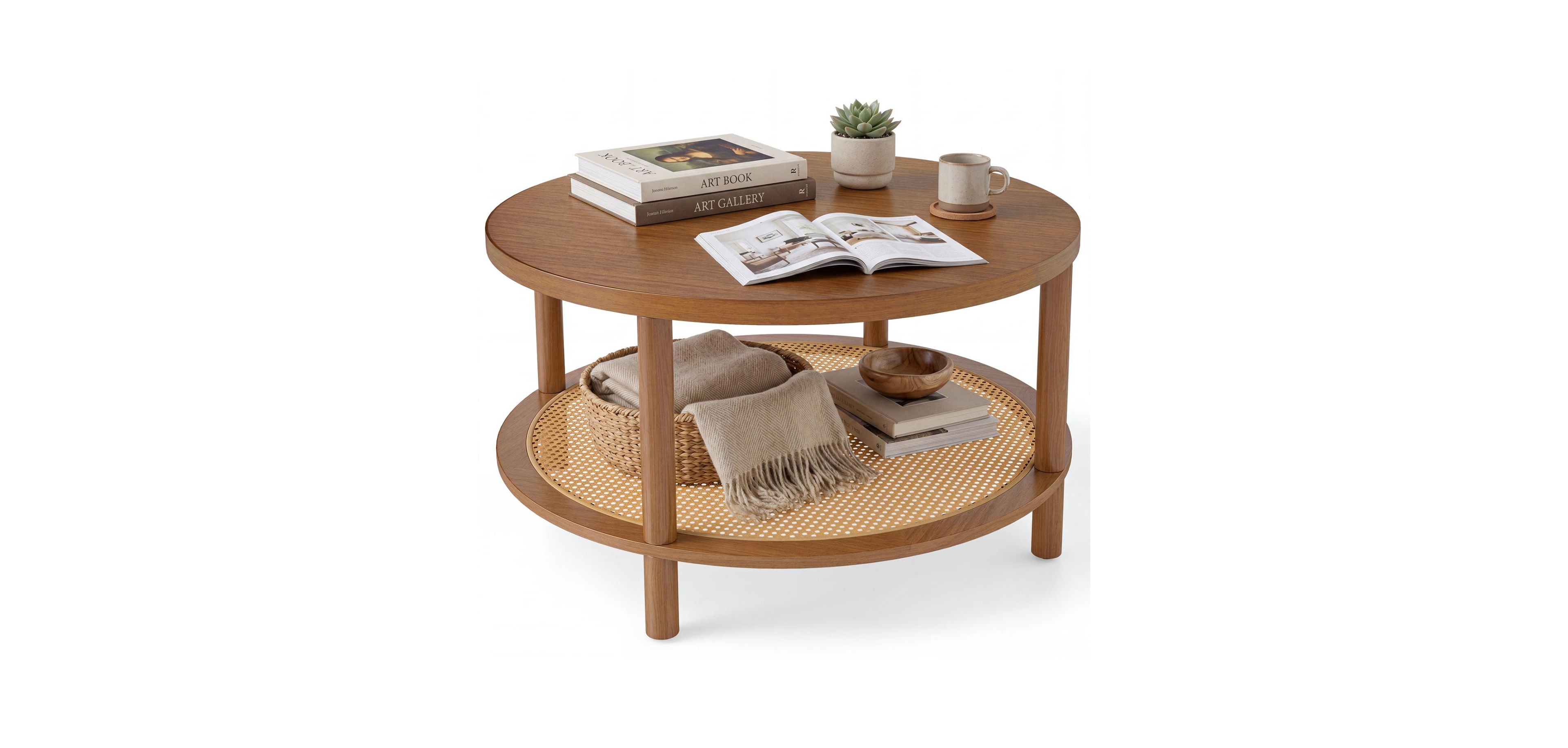 Mecale 2 Tier Boho Round Rattan Coffee Table with Storage Shelf