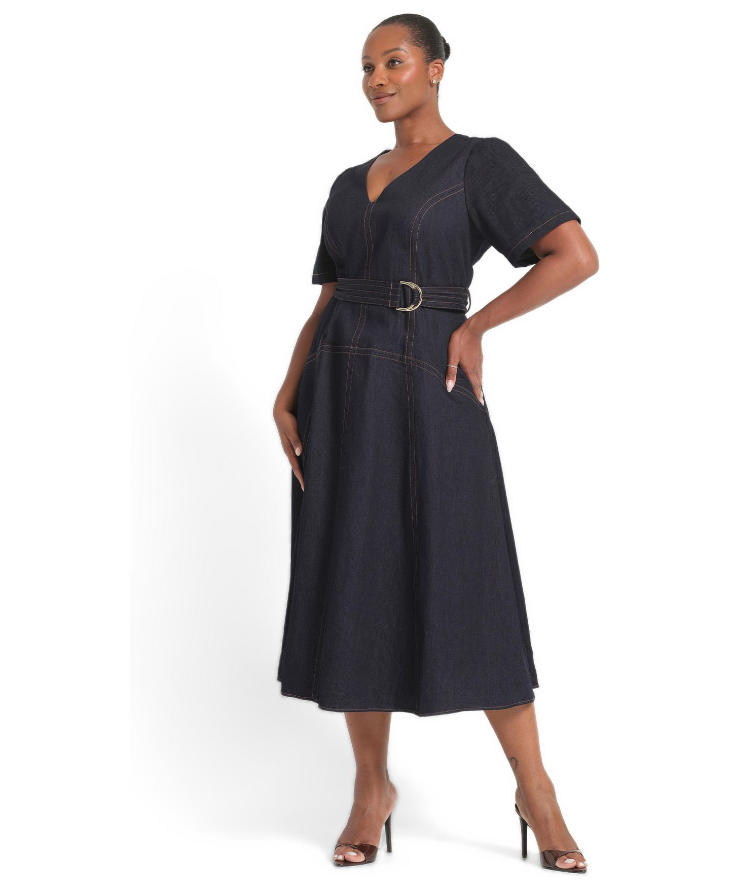 Женское платье ESTELLE Plus Size Lyra V-Neck Fit & Flare Midi Denim Dress, цвет: Индиго чёрный — фото 2