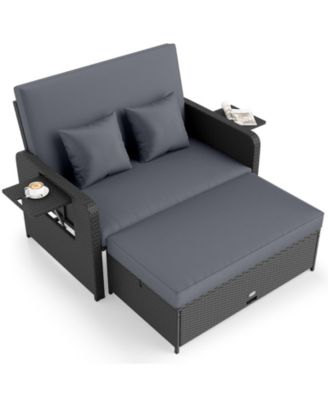 PE Wicker Outdoor Daybed with 4-Level Adjustable Backrest and Storage Ottoman