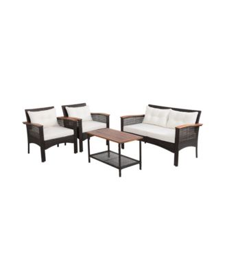 4 Pieces Patio Rattan Acacia Wood Furniture Set with Cushions and Armrest